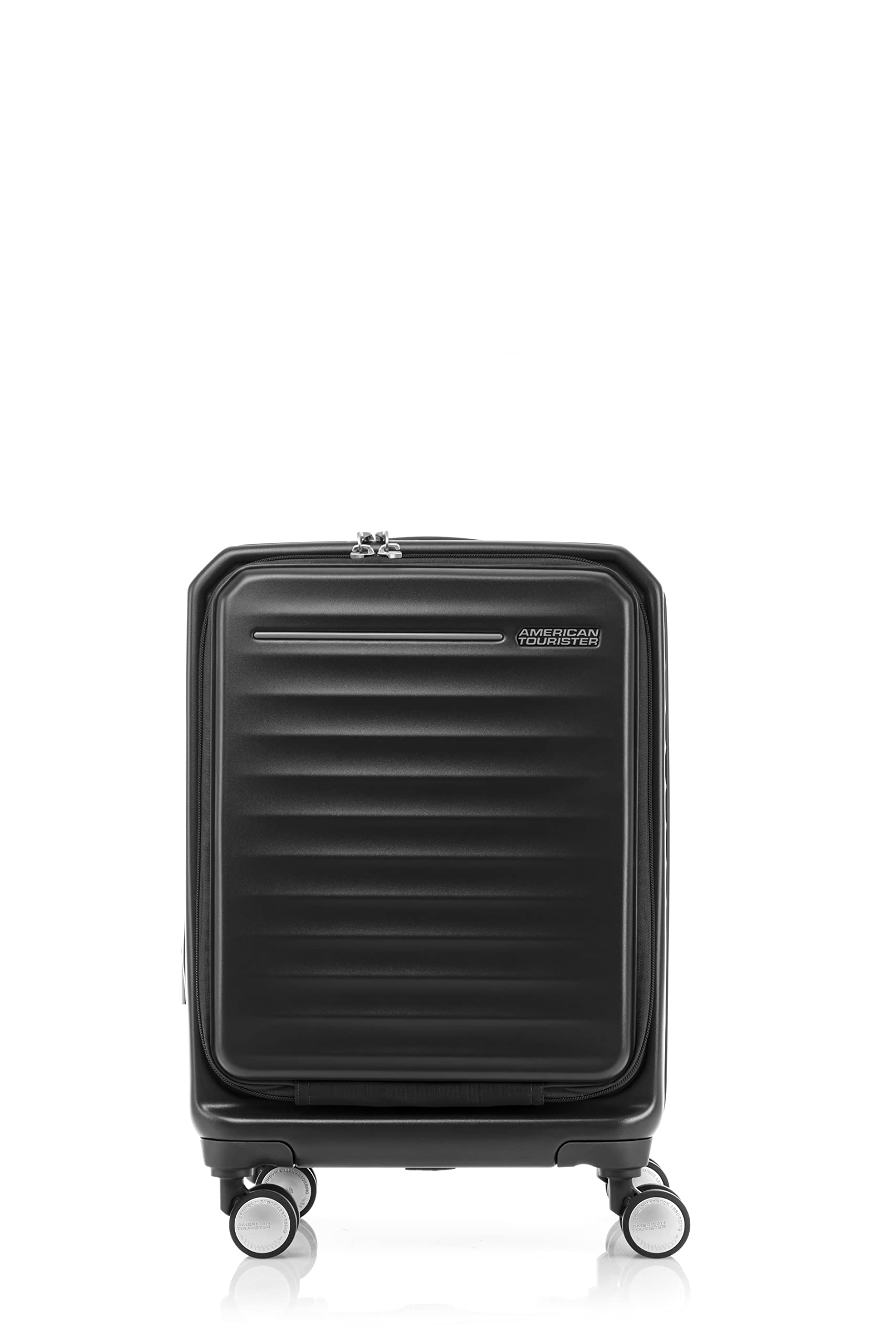 American TouristerFrontec Hard Small Size Cabin Luggage, Spinner wheels, (Material :polycarbonate), TSA Combination Lock, Expandable, 54 cm/21 Inch, Black Color, 3 year Global Warranty