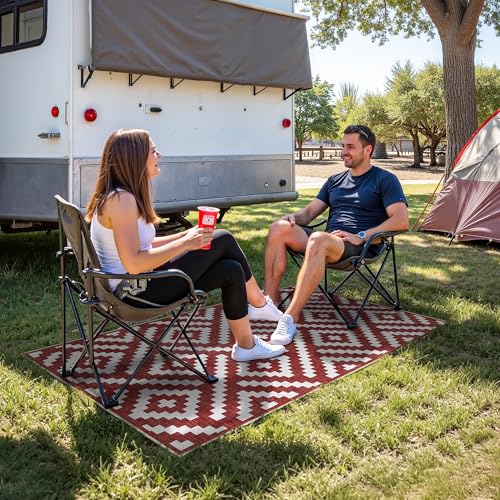 Image of GENIMO Outdoor Rug 3'x5' Waterproof for Porch, Plastic Door Mat Ruby White | Outside Modern Carpet for Patio Decor, Balcony, Deck, Backyard, Picnic, Camping, RV, Reversible, Foldable, Lightweight