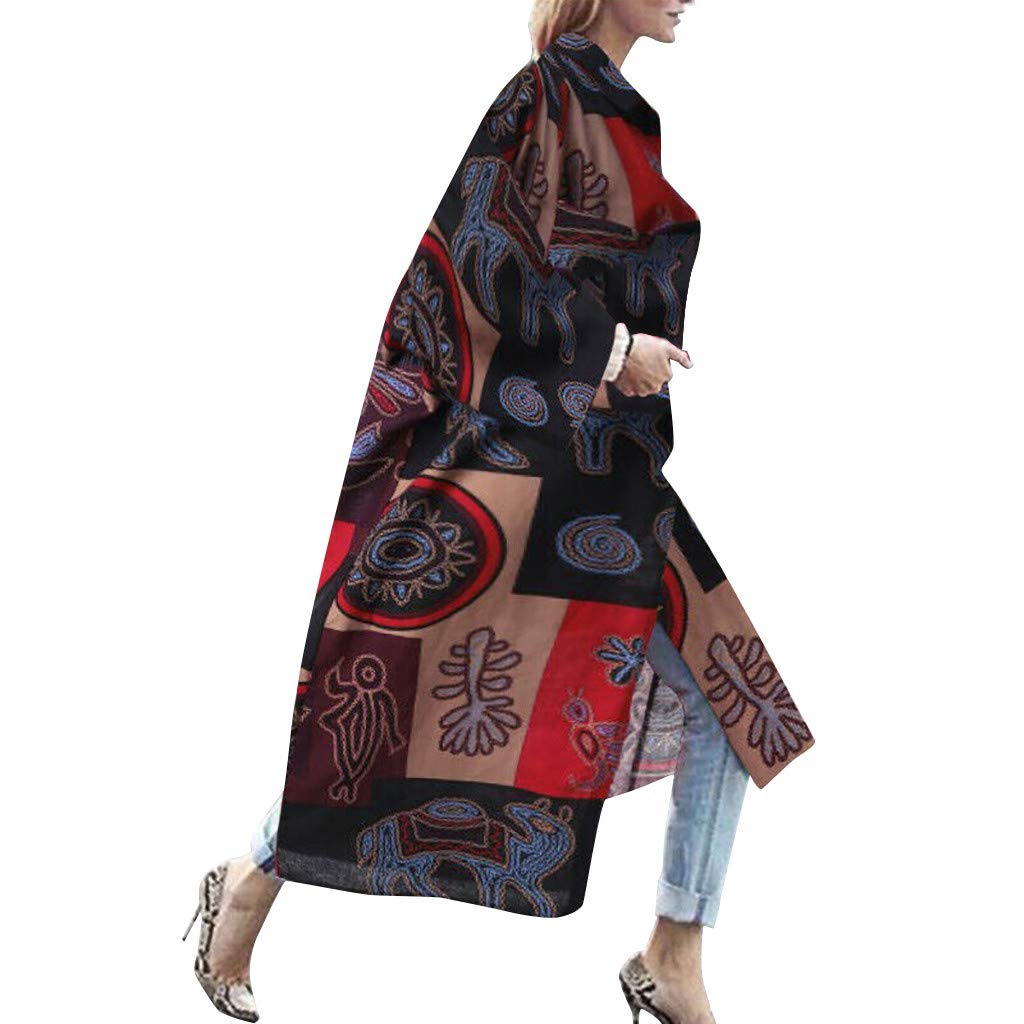 Armfre Tops Women's Vintage Tribal Print Trench Coat Lapel Long Sleeve Cardigan Jackets Open Front Longline Loose Fit Pea Coats Fall Winter Fashion Outwear Overcoat