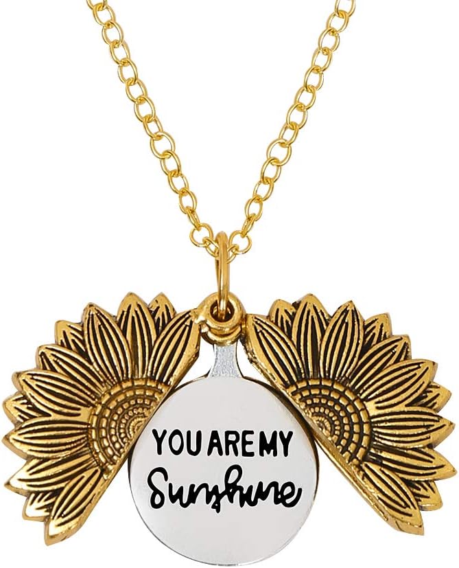 You are My Sunshine Engraved Necklace Sunflower Locket Necklace Pendant for Women Men Girls