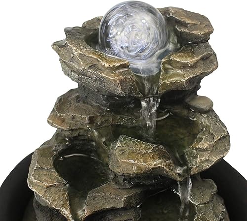 Miniatura 7 de Fuente de agua de mesa Rock Falls de 8.3 pulgadas de alto de 4 niveles con luz LED y bola giratoria, característica de cascada pequeña para