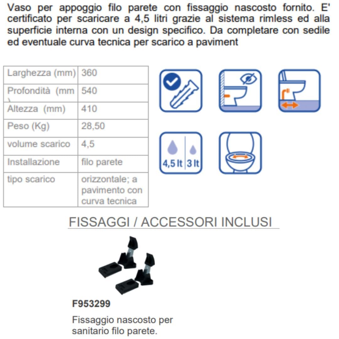 WC filomuro rimless in ceramica con fissaggi nascosti 36x54 cm scarico 4,5L – Mia+ | Ceramica Dolomite