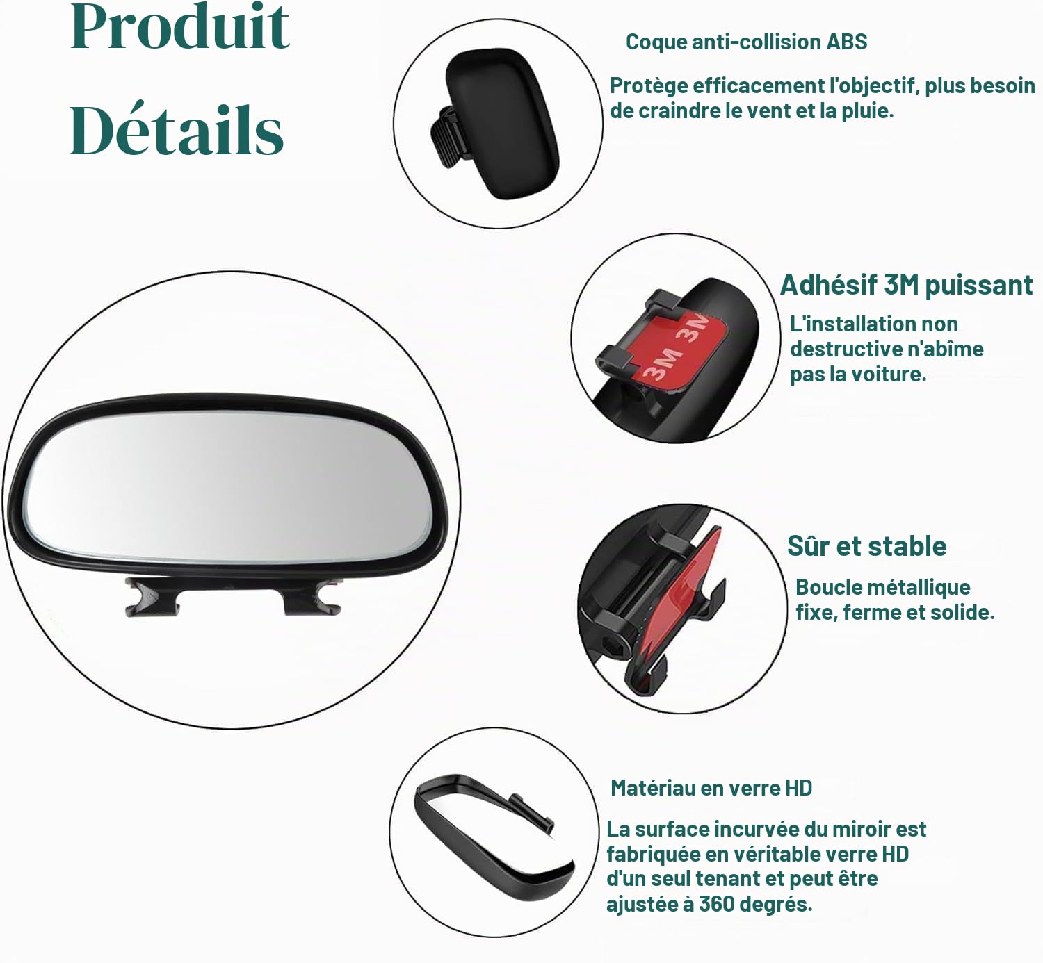 Miroir d'Angle Mort pour Voiture, Verre Convexe Rotatif Réglable à 360°, Miroir Latéral Universel pour Voiture, Camion, SUV (1 Pack)