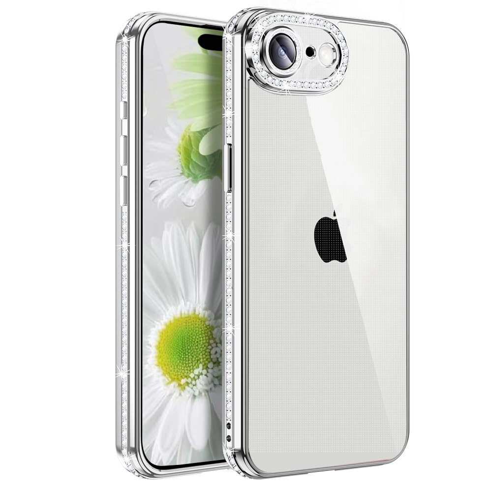 MuZiF iPhone 17e 用 ケース クリア メッキ加工 キラキラ 背面全透明 サラウンドレンズ保護 カメラ保護 TPU ソフトケース 薄くて軽い 女性 人気 耐衝撃 携帯カバー ラップホール付き アイフォン 17e 用 スマホケース (iPhone 17e用,シルバー)