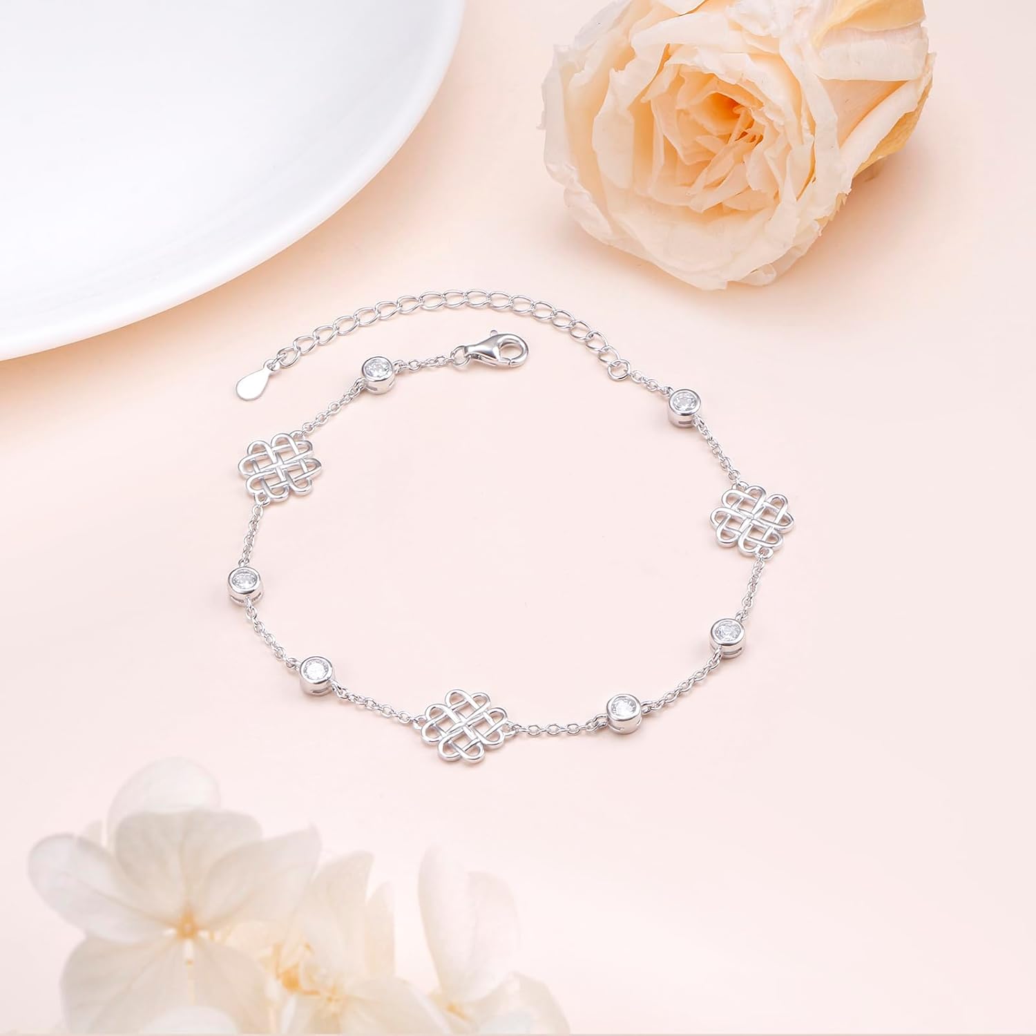 925 Sterling Silver Celtic Knot/Handcuffs/Elephant Turquoise/Hamsa Hand/Wave/Moonstone Sun and Moon Bracelet with Cubic Zirconia Graduation Birthday Valentine's Day Gift for Women Sisters Best Friend - Image 4