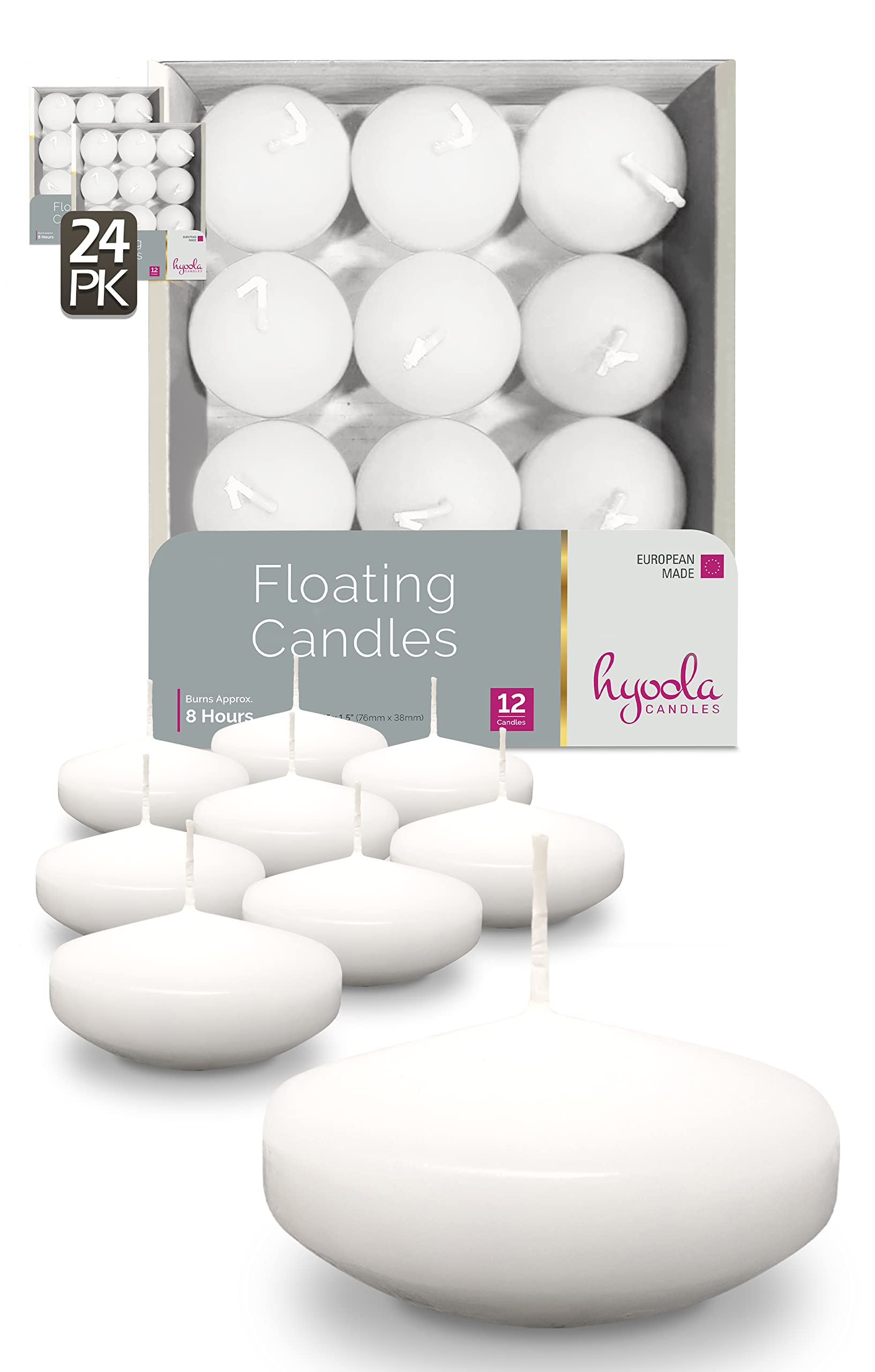 Hyoola Velas Flotantes Agua Premium Blanco - Velas Decorativas Paquete de 24 - Velas Larga Duración, 8 Horas de Combustión - 75 mm - Hecho en Europa