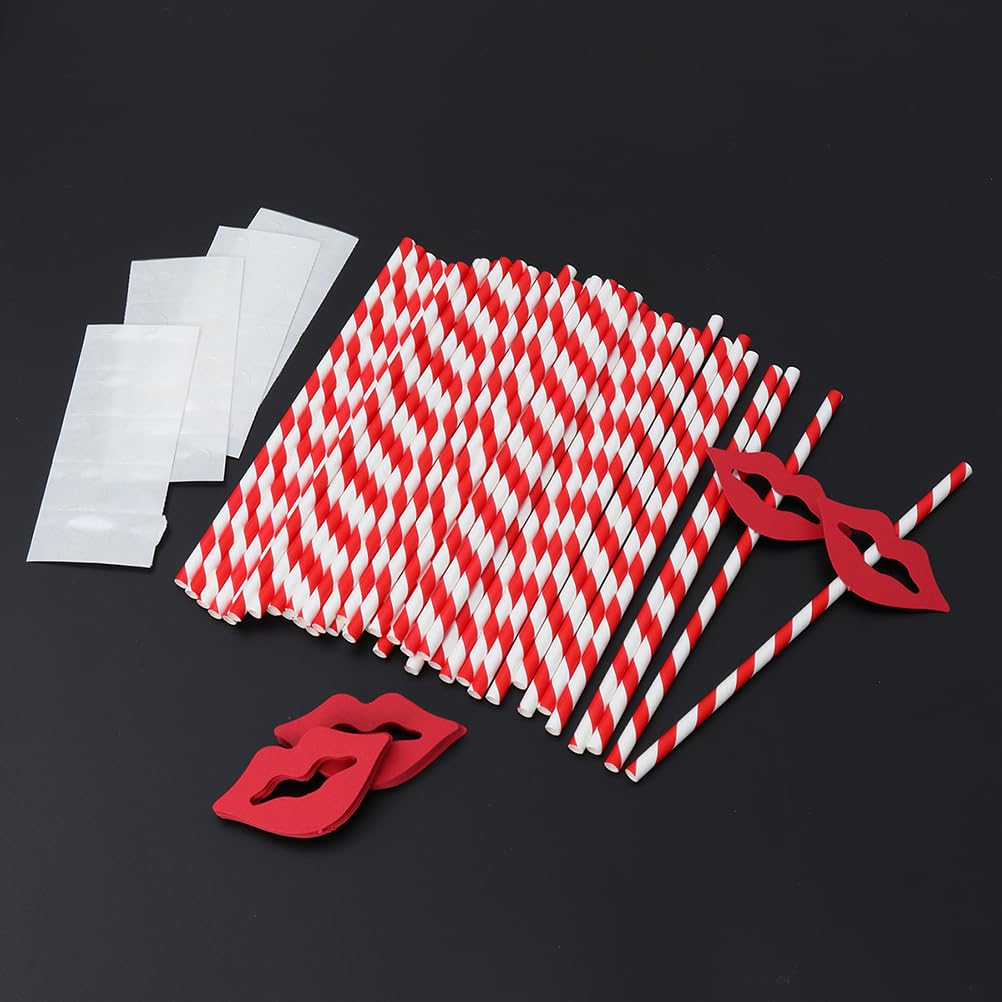 Beaupretty10PCS Red Stripes Drinking Straws Red Lip Paper Straws Long Paper Straws Valentine's Day Party Supplies Props Cocktail - Image 3