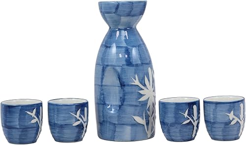 Miniatura 3 de Ebros Gift Ceremonia tradicional Blue Jeans cerámica de porcelana con diseño de silueta de bambú blanco de la suerte, sake de vino de arroz japonés,