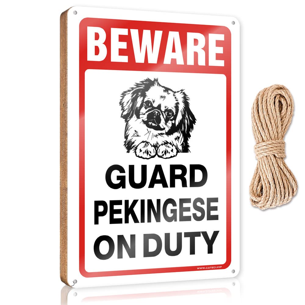 DTHA Funny Signs For Bedroom Beware! Guard Pekingese On Duty Wooden Sign Spring Porch Decor Front Door Decor(23X35CM)
