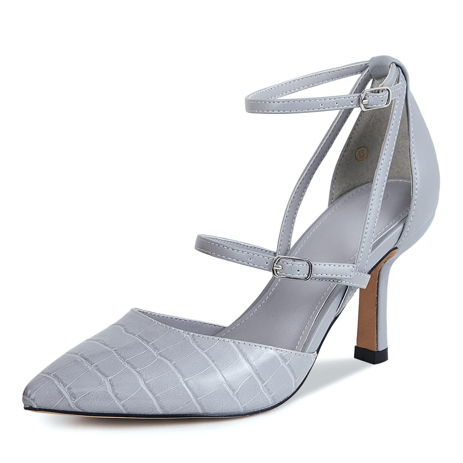 Photo 1 of *GREY* Mskilder Women's Pumps Pointed Toe Ankle Strap Buckle Strappy Kitten Heels Dressy Pumps Shoes 8.5 Dusty Blue