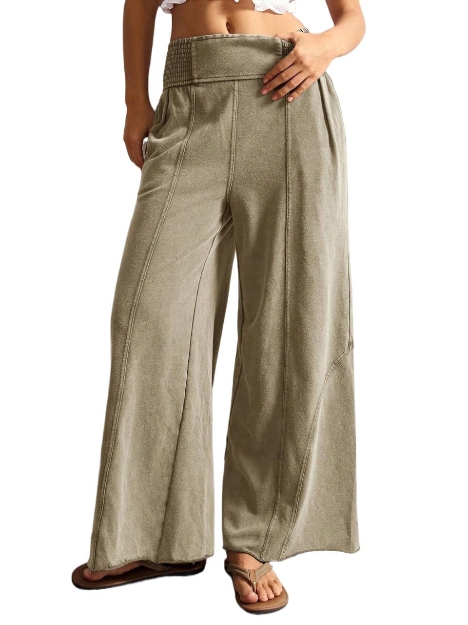 Womens Solid Color Wide Leg with Pockets Knit Casual Trouser Pants for Women