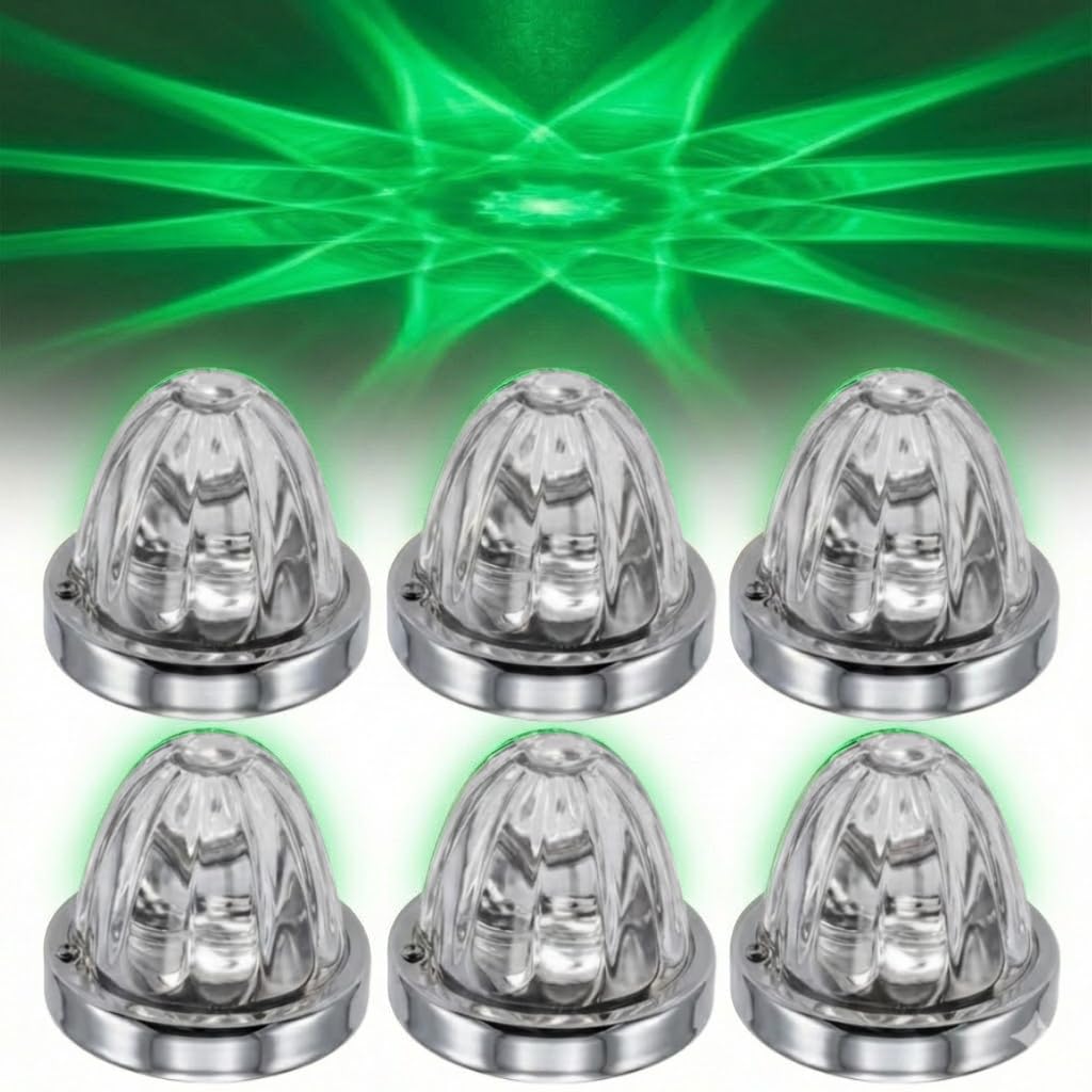 6 Pack Glass Watermelon LED Lights for Semi Trucks, Star Pattern Marker Lights with Strobe &amp; Steady Modes, 10-30V Amber/Green/Red Dual Color Watermelon Marker Lights with Brackets (Green 6PCS)