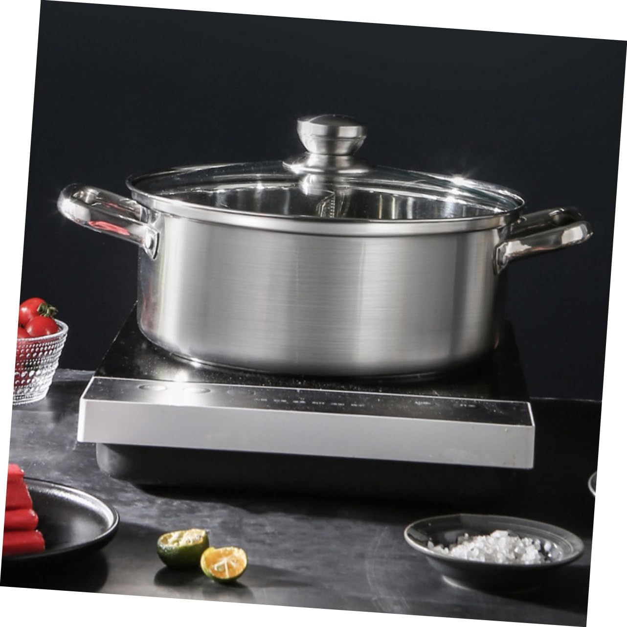 Unomor Stainless Steel Double Handle Hotpot Pot Induction Cooker Compatible Notched Divider for Family Meals and Gatherings and Cooking Pot