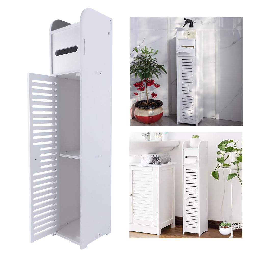 AUTOFU Bathroom Tall Cabinets, Slim Bathroom Storage Unit, Floor Standing Display Cabinet, Storage Cupboard Furniture Organizer Unit for Living Room Kitchen Entryway, W6.3'' x D6.3'' x H32'', White