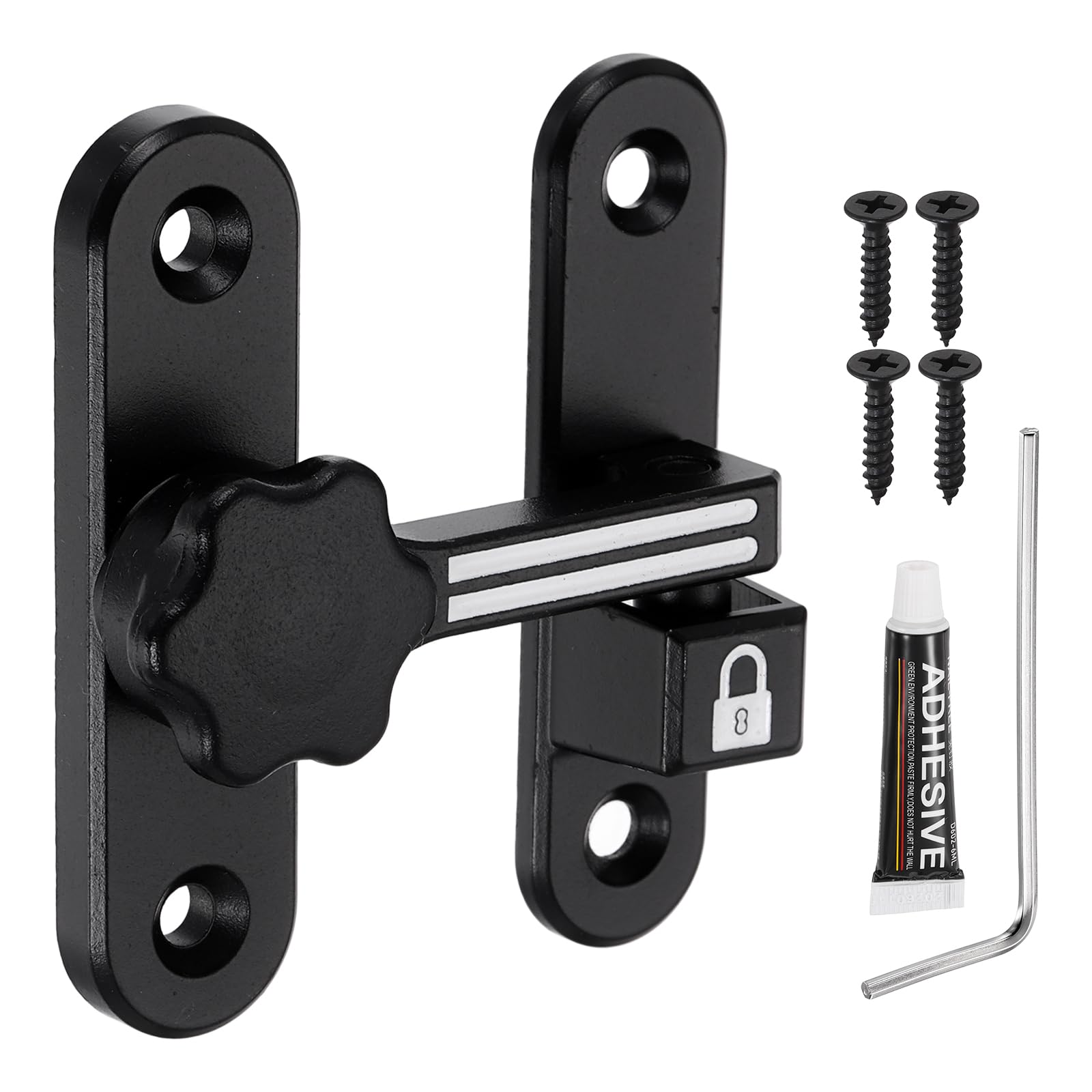 sourcing map Barn Door Lock, 90/180 Degree Flip Barn Door Lock Zinc Alloy Sliding Security Latch with Screws & Nail-Free Adhesive for Garden Bathroom Garage, Luminous Black