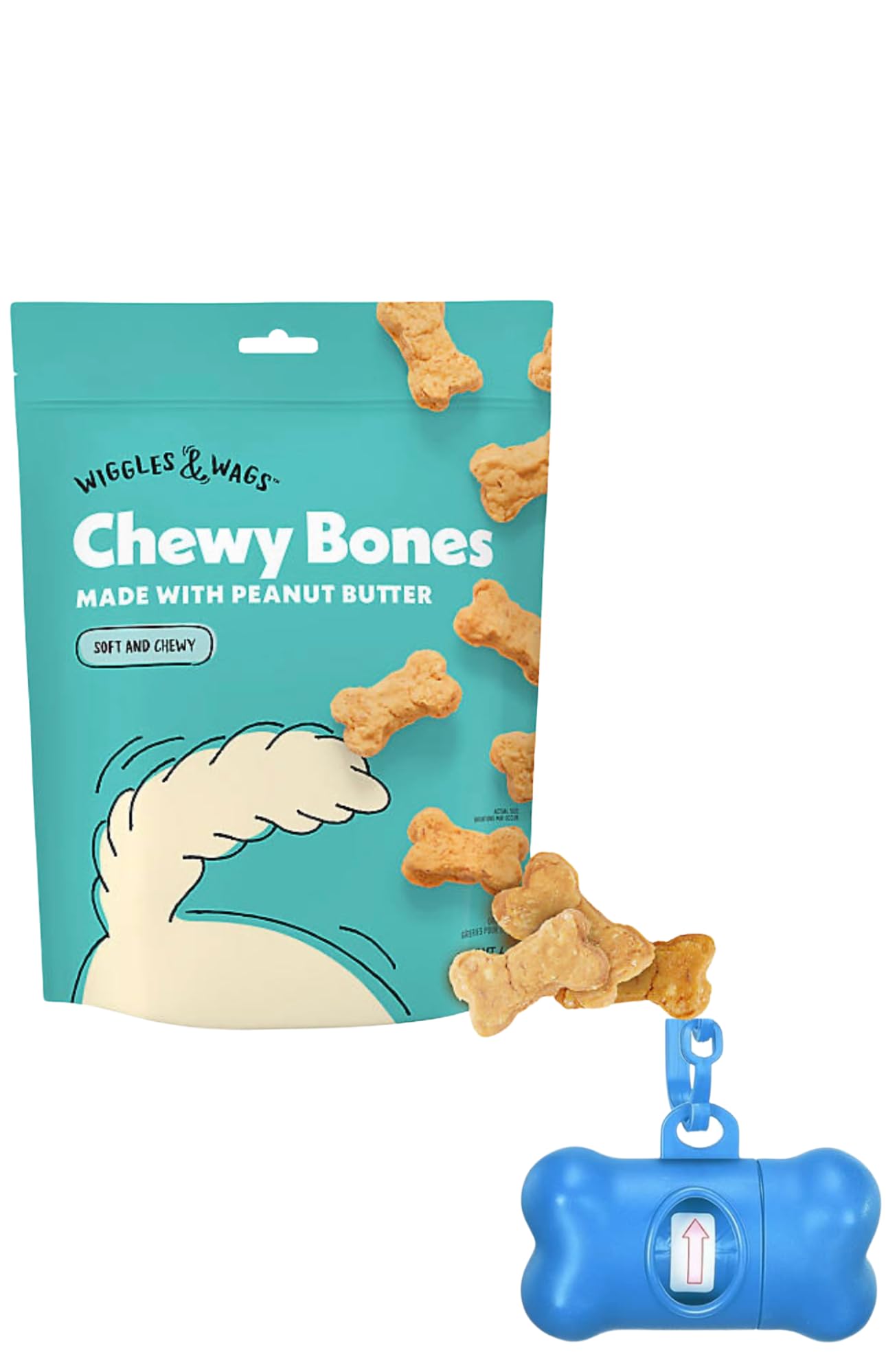 Wiggles & Wags Peanut Butter Chewy Bones Dog Treats, 6 oz, with DN Essentials Bone Shaped Waste Bag Dispenser