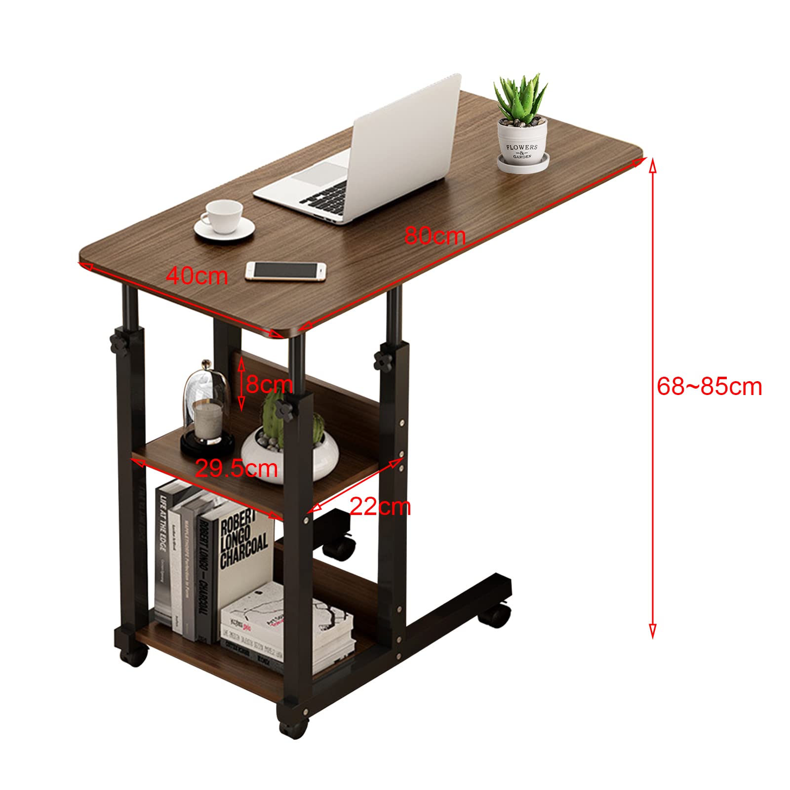 Escritorio de cama, mesa de cama, mesa de sofá, mesa de cama de hospital, escritorio regulable en altura, equipado con dos estantes de almacenamiento, equipado con ruedas, adecuado para el