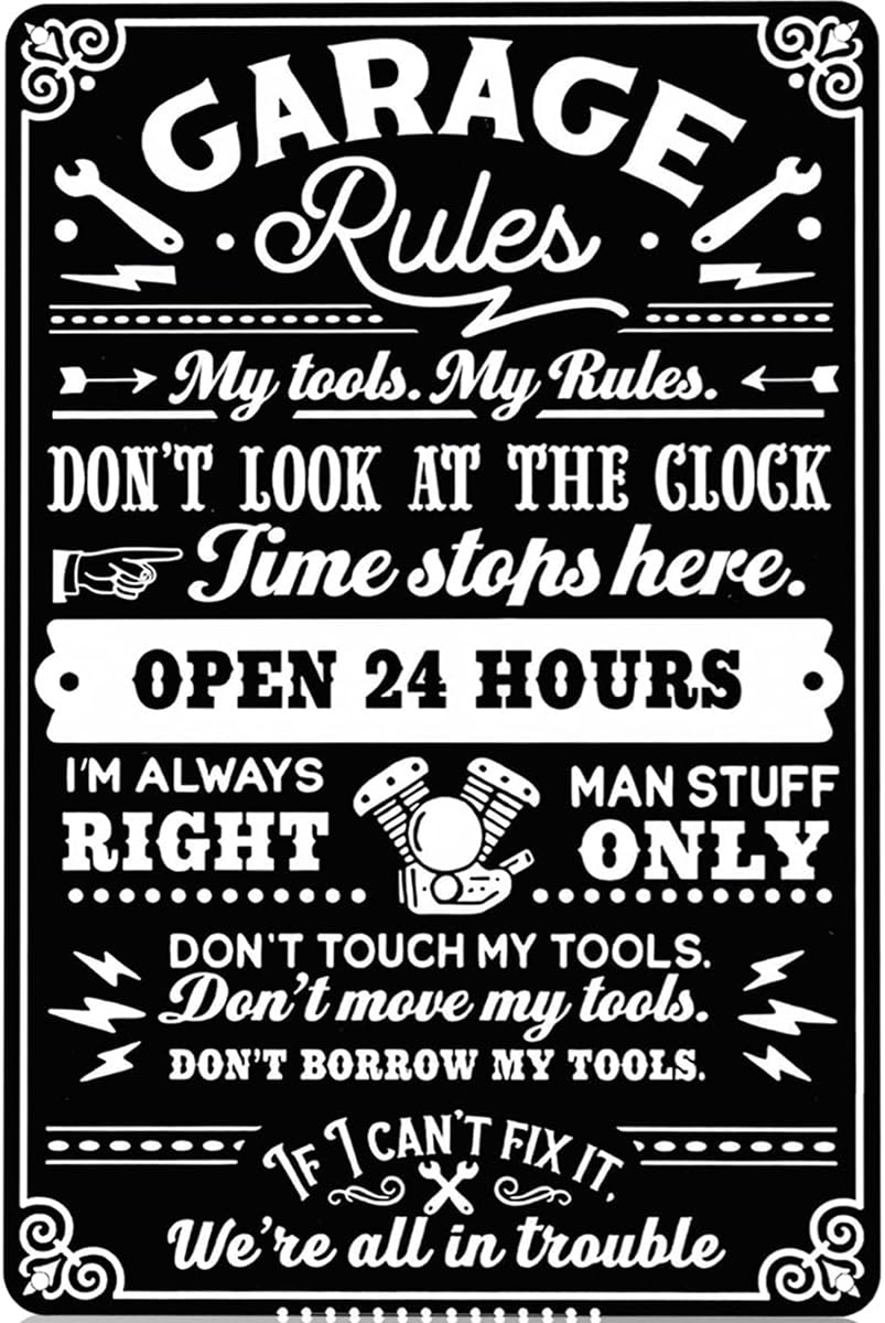 SMAZDFXX Men Funny Garage Rules My Tools My Rules Tin Sign Vintage Metal Wall Art for Garage Workshop Man Cave Decor Coffee Bar 8"x12"