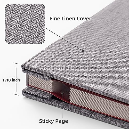 HoneyTolly Large Photo Album Self Adhesive with Picture Display Window, DIY Scrapbook Album for 4x6 8x10 Pictures, 40 Pages Linen Cover Memory Book with Scraper and Metallic Pen(Grey)