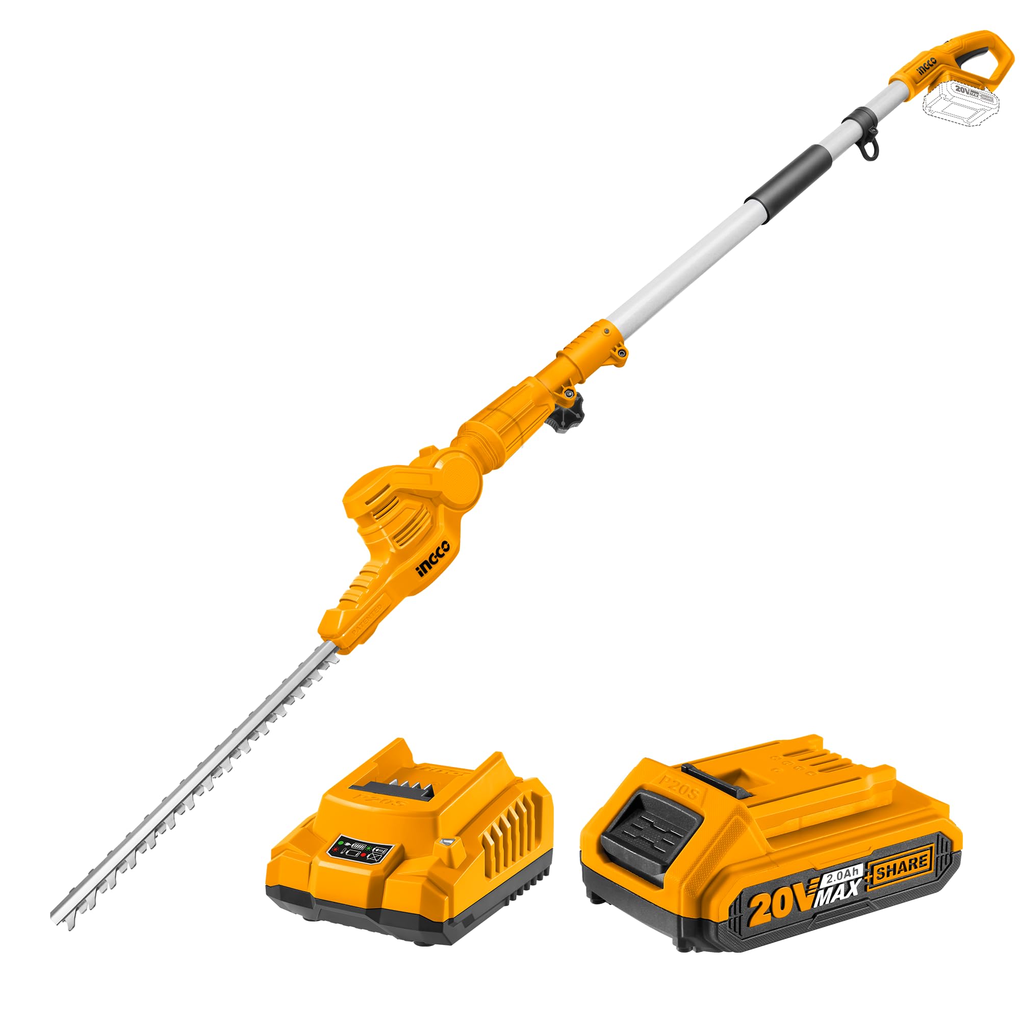 INGCO Cordless Pole Hedge Trimmer, with Battery & Charger, Extended Reach for Trimming Shrubs Small Trees-image-13