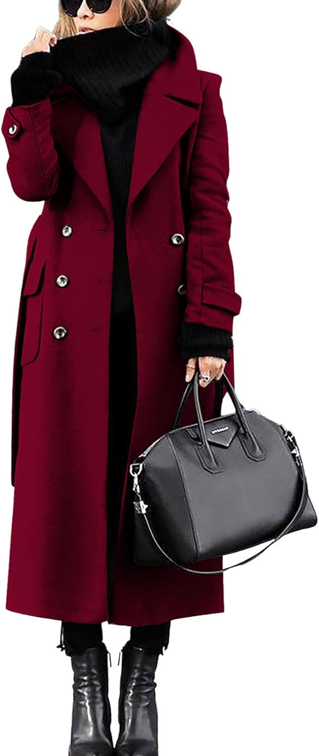 Women's Winter Double Breasted Wool Coat Business Casual Long Sleeve Midi Long Trench Coat with Belt