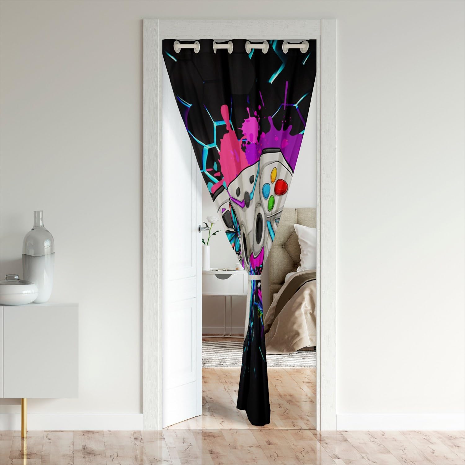 Boys Teens Game Door Curtain for Kids Adults,Cartoon Gamepad Watercolor Butterfly Dots Room Divider Curtain Cover,Neon Geometric Honeycomb Colorful Graffiti Doorway Curtain 1 Panel,34