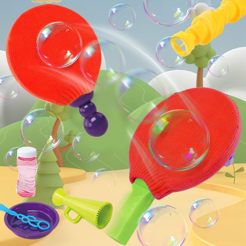 Bubble Ping Pong Games Bubble Wands for Kids, Big Bubble Wand Toys with Bubble Solution, Tray, Soft Bubble Racket, Funny Bubbles Making Toys for Kids Family Summer Outdoor Activities Parties