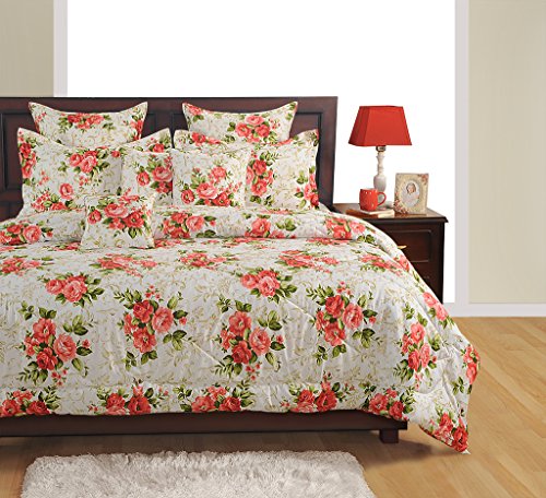 Image of Swayam Pure Cotton King Fitted Bedsheet with 2 Pillow Covers | Size 72 x 78 x 10 inch | 160 TC | Floral Design | Soft Breathable Bed Sheet | Comfortable & Durable for Bedroom - White & Red
