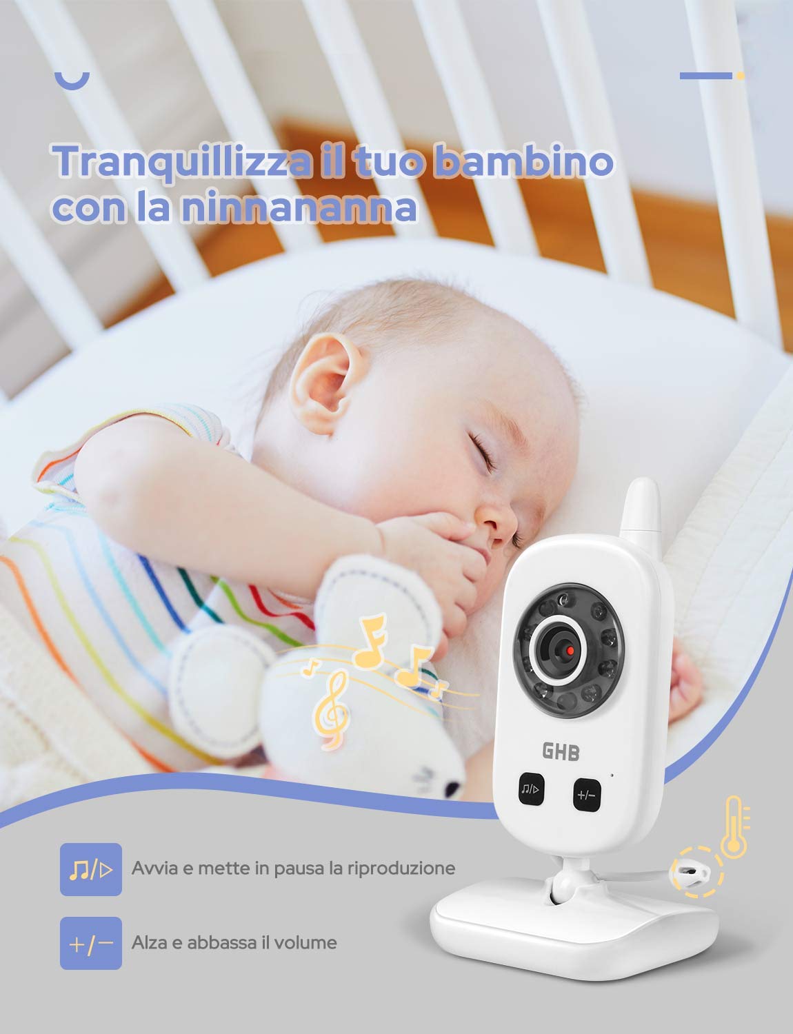 GHB Baby Monitor Videocamera Schermo 2.4" 950mAh VOX Visione Notturna Monitoraggio Temperatura