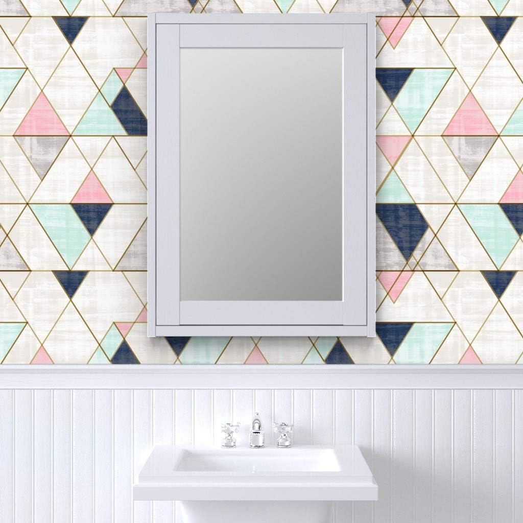 TOP оƒƒERS Peel & Stick Wallpaper 9ft x 2ft - Navy Mint Pink Triangles Geo Small Geometric Custom Removable Wallpaper by Spoonflower