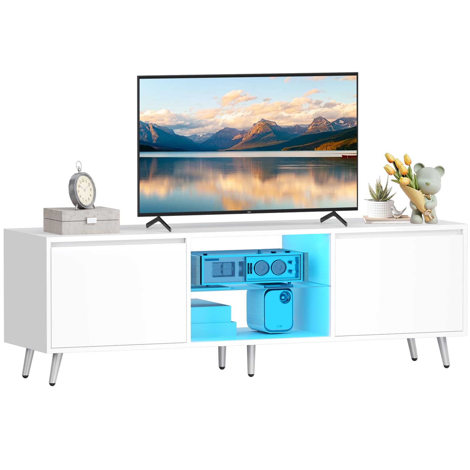 BEWISHOME Mueble TV con Luz LED Ajustable, Ideal para Dormitorio, Oficina | Mesa TV Salón Moderna de 2 Puertas, Soporte de TV con Estantes de Vidrio Ajustables en Altura, 148x40x49.5 cm EKDG04W