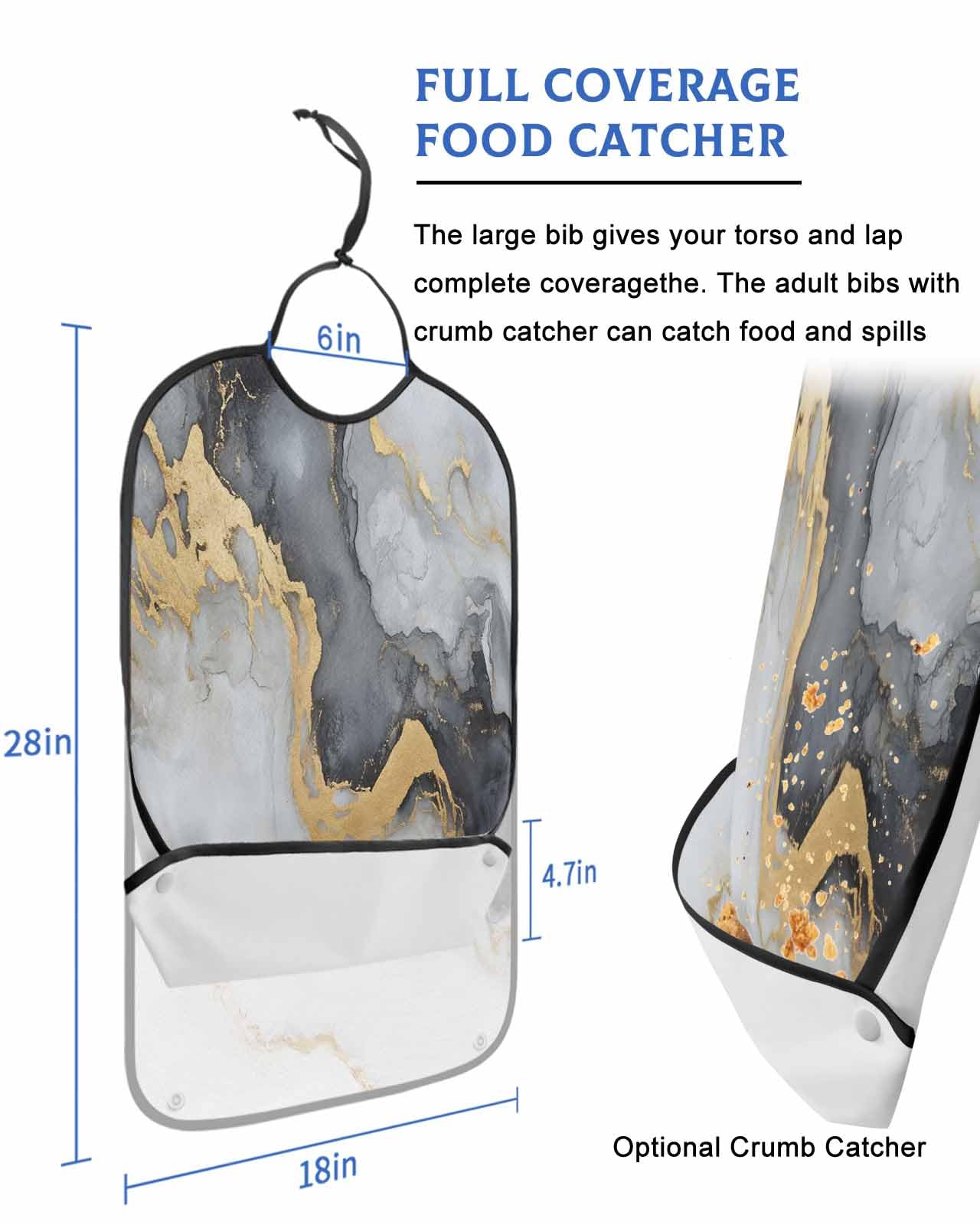 Onekaccu Marble Grey Gold Adult Bibs for Elderly Women Men Washable Bibs for Eating, Abstract Modern Gradient Beach Wave Waterproof Clothing Protectors Adult Bibs with Crumb Catcher