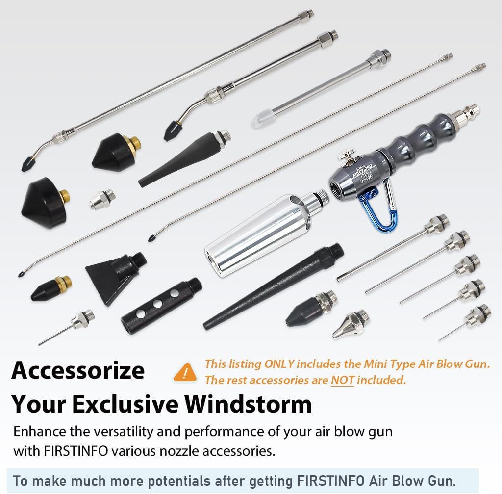 FIRSTINFO A18538US Mini Aluminum Windstorm Air Blow Gun– 2X High Flow Nozzle, Adjustable Flow