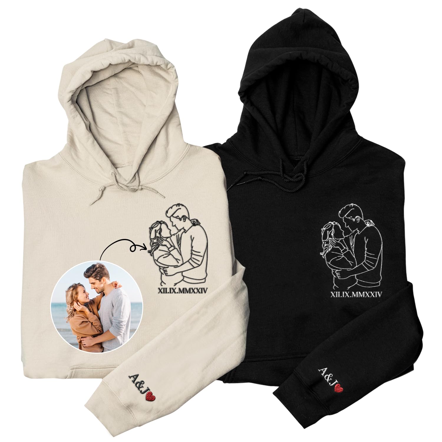 HandmadeCustom Embroidered Hoodie For Couples Sweatshirts For Him And Her Cool Anniversary Gifts For Couples Customized Embroidery Hoodie With Picture Design Your Own Couple Sweatshirts Gifts For Bf Gf