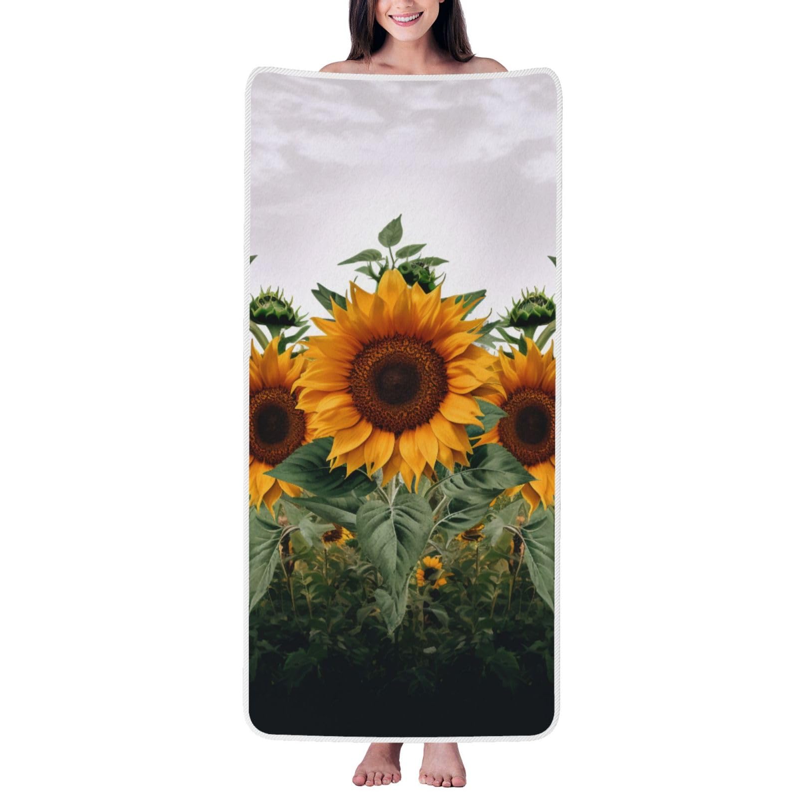 WPKJU Sunflowers Printed Bath Towel with White Edging - 27x55 in Soft Extra Absorbent Coral Velvet Shower Towels for Bathroom
