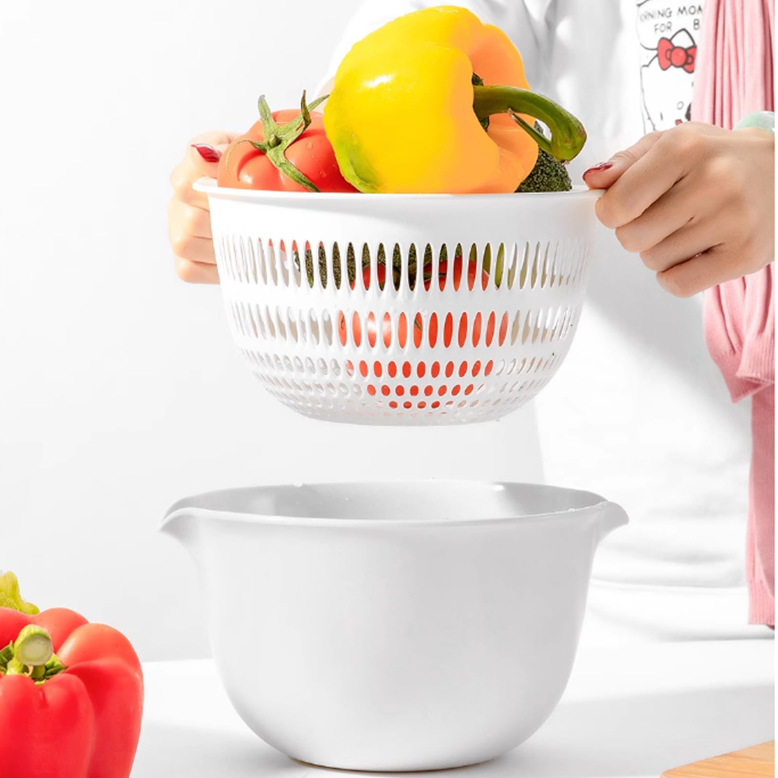Juego de 2 coladores de cocina 2 en 1 de 3 cuartos de galón con colador de tazón, cesta de lavado de frutas y verduras de plástico sin BPA, apto para lavavajillas, doble capa, para pasta, fideos, arroz y alimentos (gris) 4