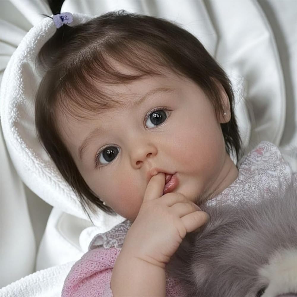 Reborn Baby Mädchen 22 Zoll 55cm, Lebensecht Reborn Baby Vollsilikon Rosa Kleid Mit Spitzenkragen, Weiche Stoffpuppe Mit PlüSchtier, Sammler- Und Spielpuppe Reborn Babypuppe Mit Zubehör