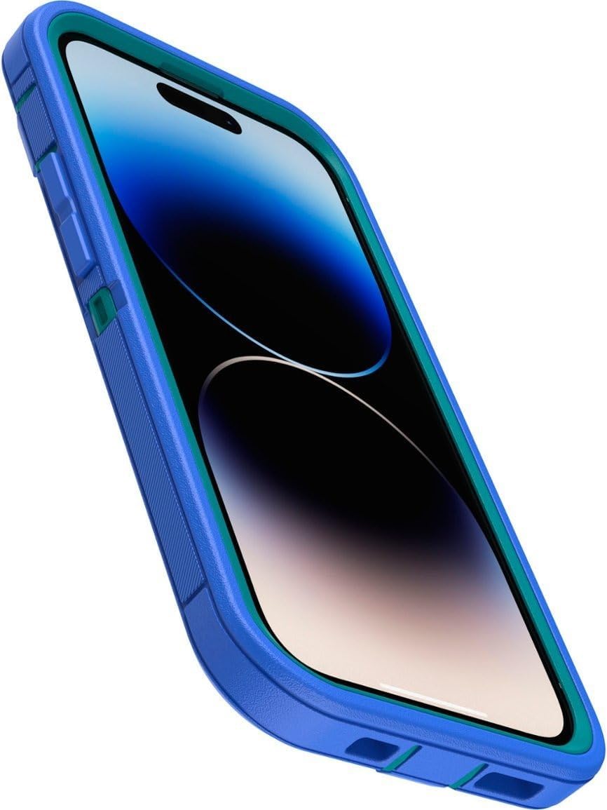OtterBox iPhone 14 Pro (ONLY) Defender Series Case - RAIN Check (Blue), Rugged & Durable, with Port Protection, Includes Holster Clip Kickstand