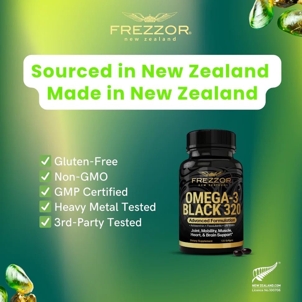 FREZZOR Omega 3 Black - Green Lipped Mussel Oil Capsules, Made in New Zealand, UAF1000+, Joint Care & Relief, Heart & Immune Support, No Fishy Aftertaste, 320 Count (Pack of 1) - Image 3