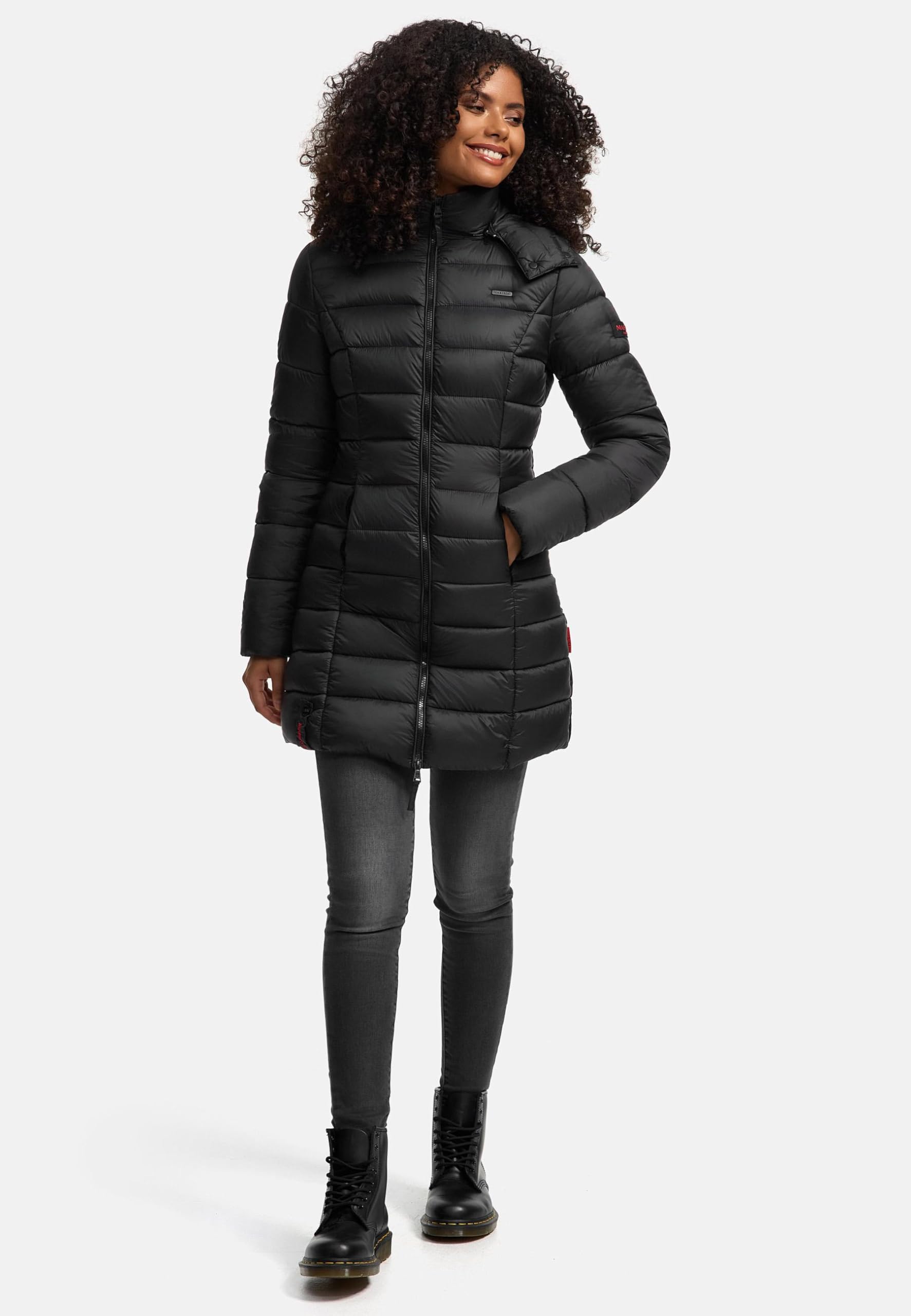 MARIKOO Damen langer Wintermantel warmer Steppmantel mit abnehmbarer Kapuze Abendsternchen XS-6XL