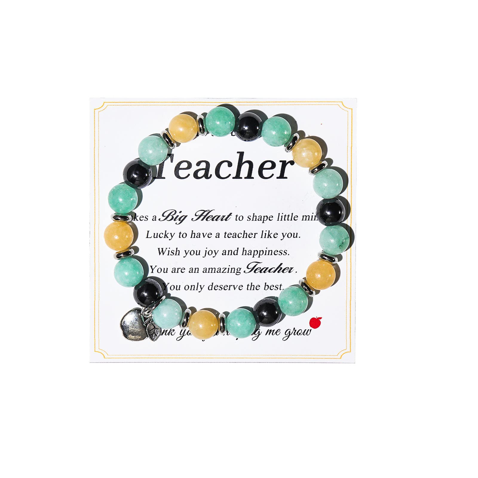 CaiyaoNatural Stone Gemstone Beaded Apple Bee Charm Bracelet with Message Card Elastic Cord Strency Teacher Appreciation Bracelet for Women Men TeacherTeachers' Day Jewelry Birthday Gift