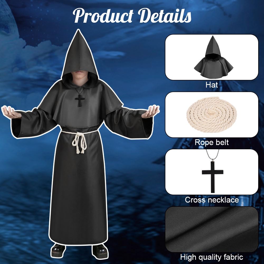 AUYAO Costume da Monaco Bambino, Medievale Halloween Monaco Sacerdote Accappatoio, Cosplay Costume Robe Mantello con Cappuccio, Abito Costume Monaco Saio Vestito da Monaco per Halloween Carnevale