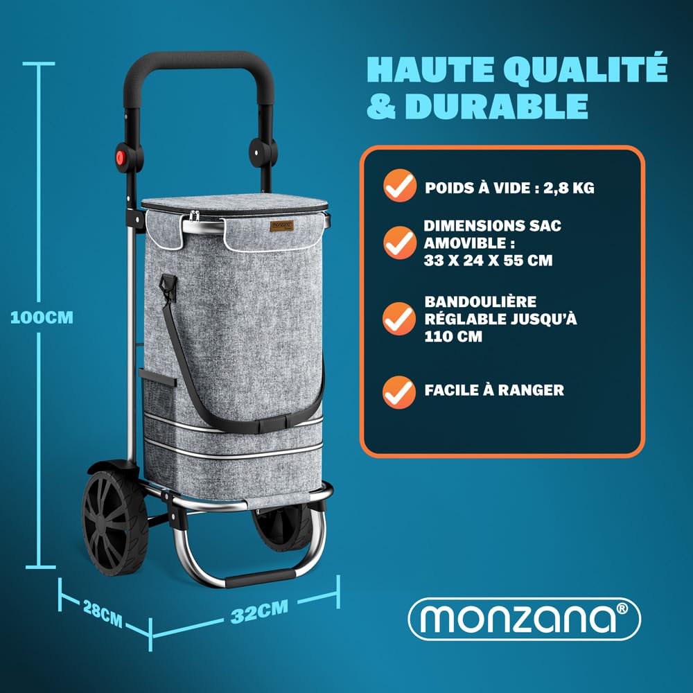 MONZANA® Chariot de courses gris 56 litres 3en1 pliable compartiment isotherme poignée réglable bandes réfléchissantes