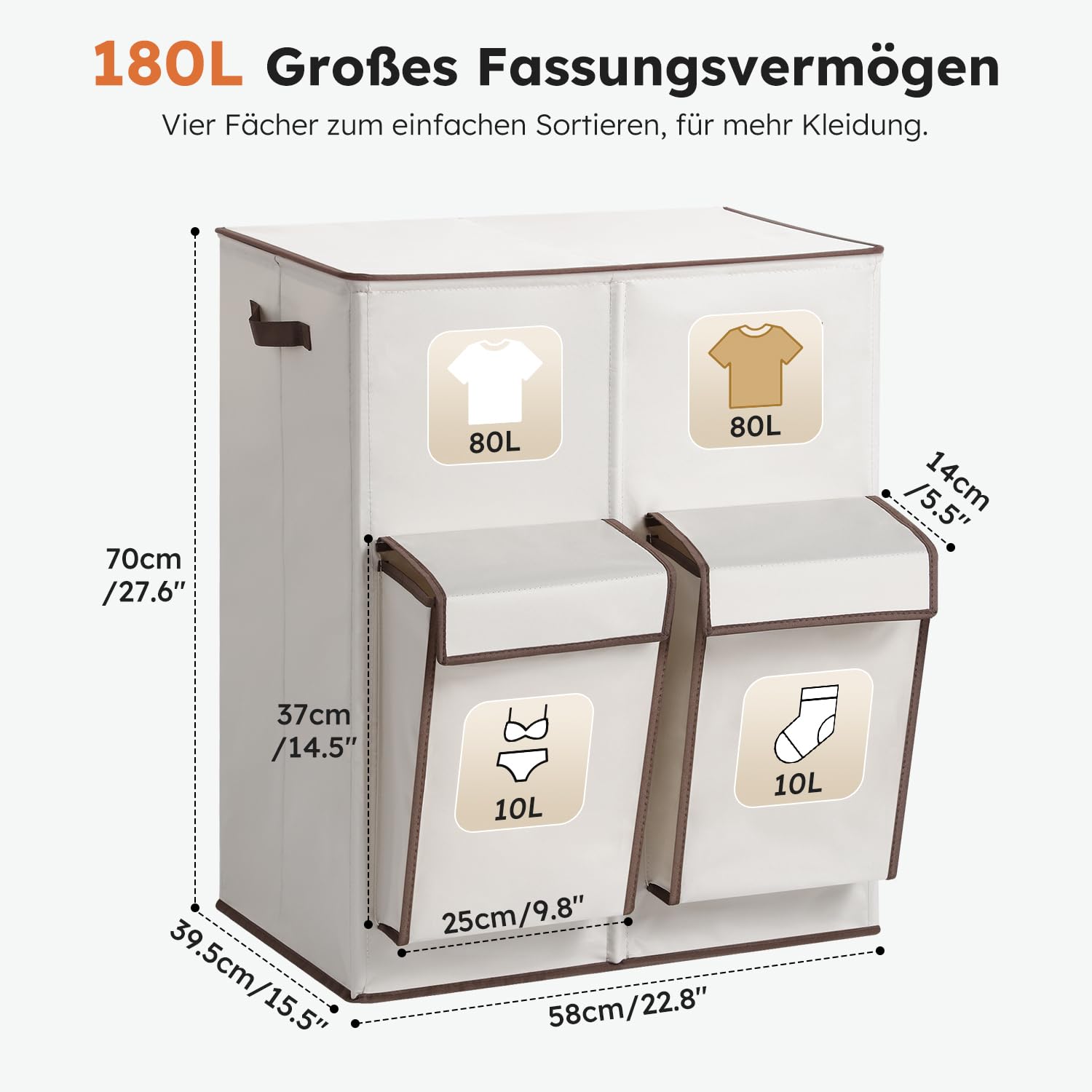 SOLEDI 180L Wäschekorb mit Deckel, Wäschesammler 2 Fächer mit 2 Seitentaschen, Laundr Baskets mit 2 Wäschesack, Wäschesortierer Groß XXXL für Badezimmer, Schlafzimmer, Waschküche