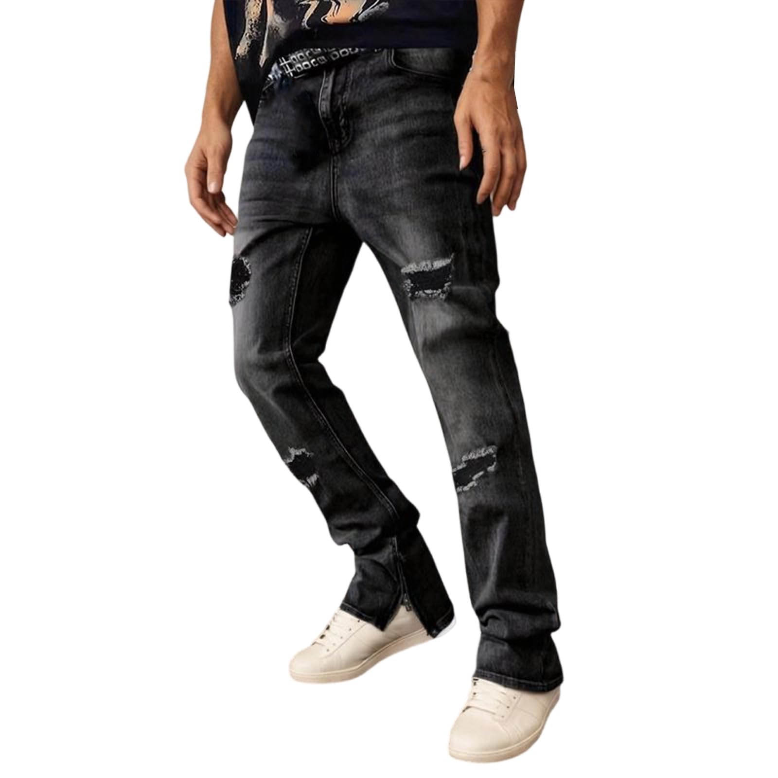 Jeans da uomo svasati, stile patchwork, taglio bootcut, strappati, in denim, con tasche laterali, casual, strappati, skinny, streetwear, vestibilità regolare, elasticizzati