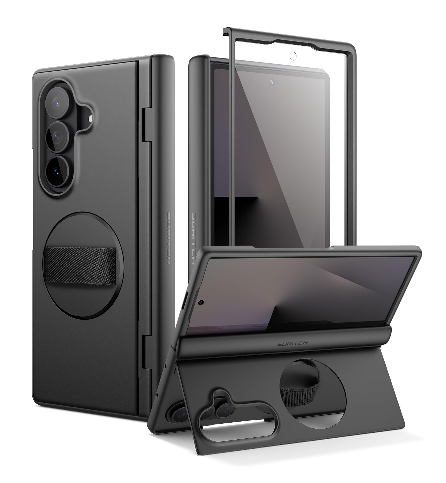 SURITCH 対応Samsung Galaxy Z Fold 7 ケース 360°回転式ハンドストラップ、グリップホルダー、キックスタンド、スクリーンプロテクター、ヒンジ保護機能付き、スリムで頑丈な耐衝撃保護カバー ブラック