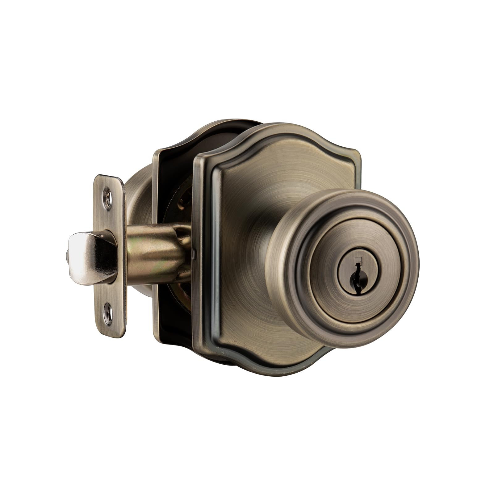 Ncsen Antique Brass Door Knobs With Lock And Keys For Exterior Door, Pismo Knob & Camelot Trim For Interior Bedroom & Living Room