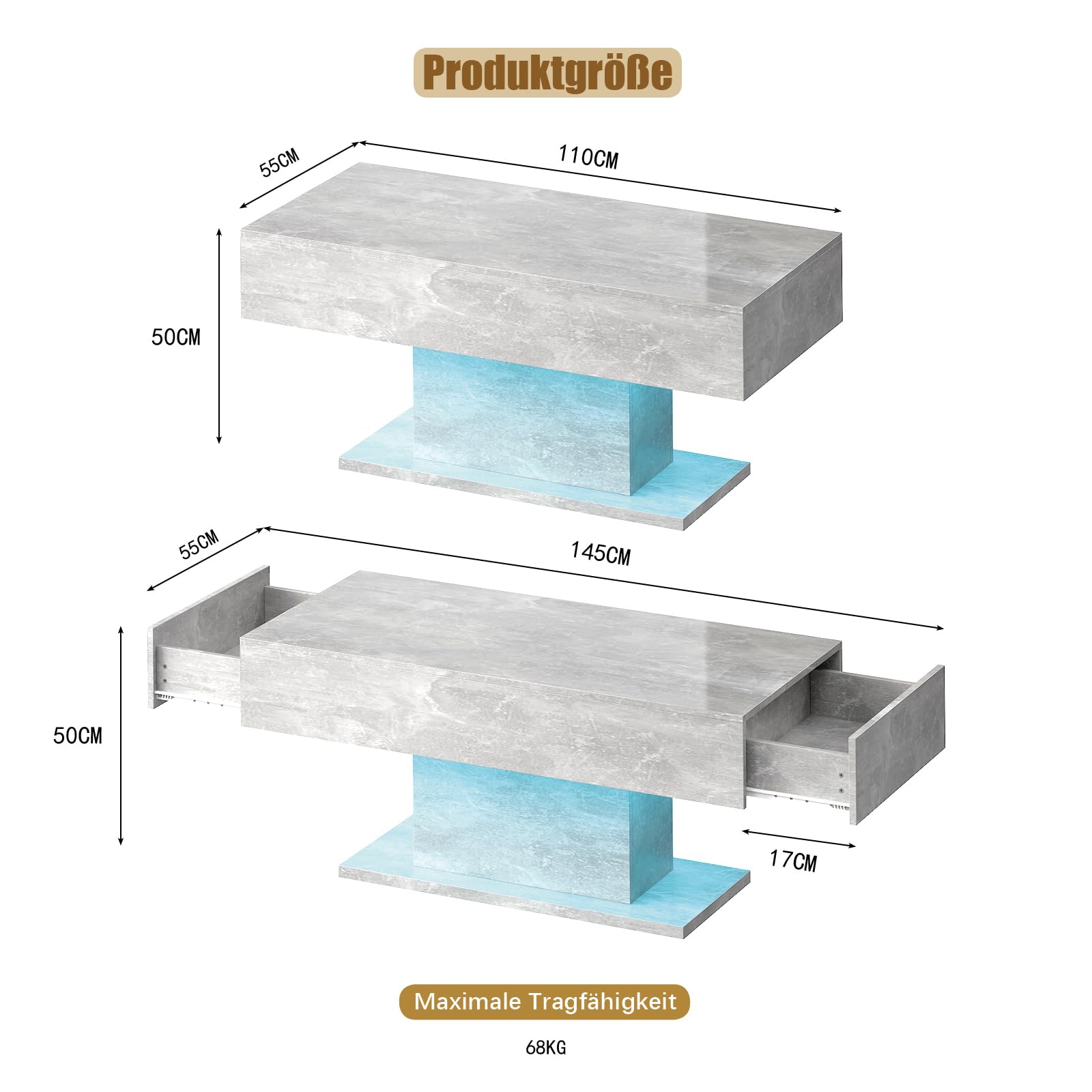 KEEPREAPER Couchtisch, Wohnzimmertisch mit LED Beleuchtung und 2 Schubladen für Wohnzimmer Hochglanz 110x55x50cm (Grau)