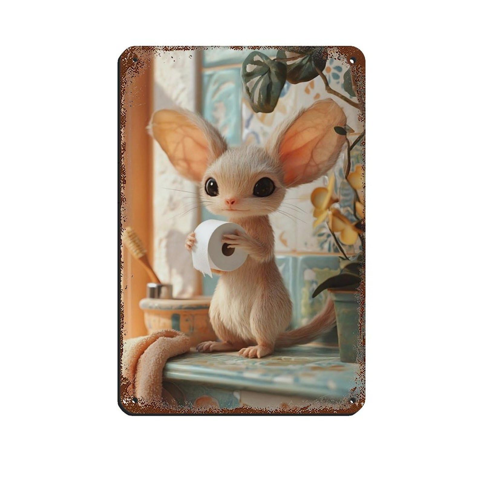 Cute Mouse Holding Toilet Paper Art Retro Poster Metal Tin Sign Chic Art Retro Iron Painting Bar People Cave Cafe Family Garage Poster Wall Decoration 8x12inch(20x30cm)
