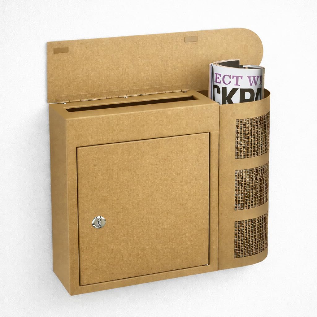 58745 Modern Mailbox Magazine Newspaper Holder, Rust & Weather Proof Steel Design, Vertical Wall Mount - Golden